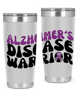 Alzheimer's Disease Warrior Tumbler in stainless steel, featuring a vibrant design, double wall vacuum insulation, and a drink-thru lid.