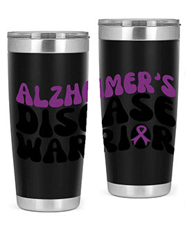 Alzheimer's Disease Warrior Tumbler in stainless steel, featuring a vibrant design, double wall vacuum insulation, and a drink-thru lid.
