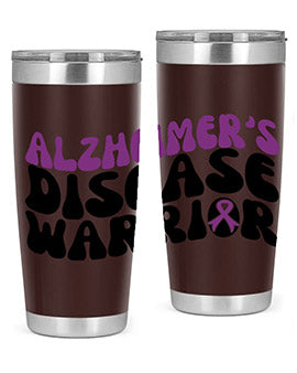 Alzheimer's Disease Warrior Tumbler in stainless steel, featuring a vibrant design, double wall vacuum insulation, and a drink-thru lid.