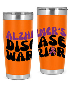 Alzheimer's Disease Warrior Tumbler in stainless steel, featuring a vibrant design, double wall vacuum insulation, and a drink-thru lid.