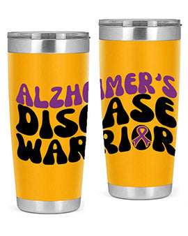 Alzheimer's Disease Warrior Tumbler in stainless steel, featuring a vibrant design, double wall vacuum insulation, and a drink-thru lid.