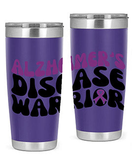 Alzheimer's Disease Warrior Tumbler in stainless steel, featuring a vibrant design, double wall vacuum insulation, and a drink-thru lid.