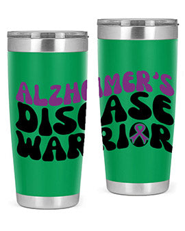 Alzheimer's Disease Warrior Tumbler in stainless steel, featuring a vibrant design, double wall vacuum insulation, and a drink-thru lid.