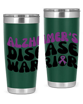 Alzheimer's Disease Warrior Tumbler in stainless steel, featuring a vibrant design, double wall vacuum insulation, and a drink-thru lid.