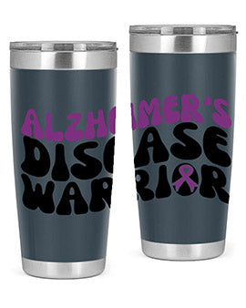 Alzheimer's Disease Warrior Tumbler in stainless steel, featuring a vibrant design, double wall vacuum insulation, and a drink-thru lid.