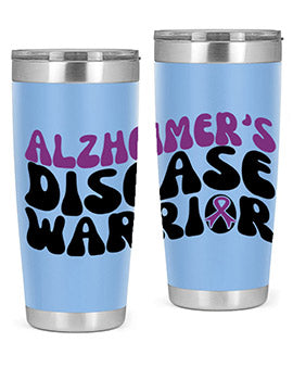 Alzheimer's Disease Warrior Tumbler in stainless steel, featuring a vibrant design, double wall vacuum insulation, and a drink-thru lid.