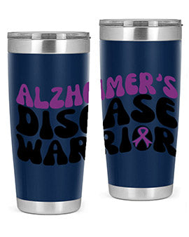 Alzheimer's Disease Warrior Tumbler in stainless steel, featuring a vibrant design, double wall vacuum insulation, and a drink-thru lid.