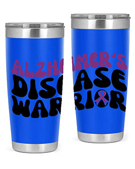 Alzheimer's Disease Warrior Tumbler in stainless steel, featuring a vibrant design, double wall vacuum insulation, and a drink-thru lid.
