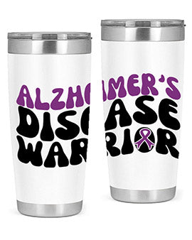 Alzheimer's Disease Warrior Tumbler in stainless steel, featuring a vibrant design, double wall vacuum insulation, and a drink-thru lid.