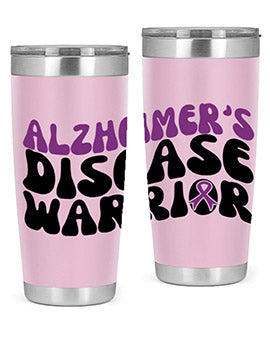 Alzheimer's Disease Warrior Tumbler in stainless steel, featuring a vibrant design, double wall vacuum insulation, and a drink-thru lid.