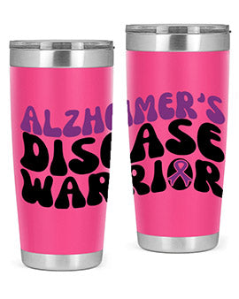 Alzheimer's Disease Warrior Tumbler in stainless steel, featuring a vibrant design, double wall vacuum insulation, and a drink-thru lid.