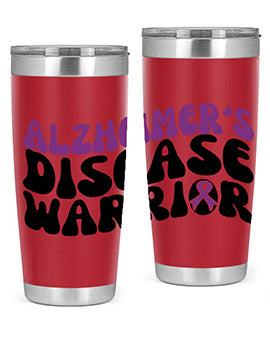 Alzheimer's Disease Warrior Tumbler in stainless steel, featuring a vibrant design, double wall vacuum insulation, and a drink-thru lid.