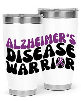 Alzheimer's Disease Warrior Tumbler in stainless steel, featuring a vibrant design, double wall vacuum insulation, and a drink-thru lid.