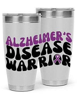 Alzheimer's Disease Warrior Tumbler in stainless steel, featuring a vibrant design, double wall vacuum insulation, and a drink-thru lid.
