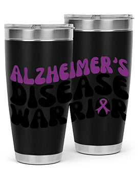 Alzheimer's Disease Warrior Tumbler in stainless steel, featuring a vibrant design, double wall vacuum insulation, and a drink-thru lid.