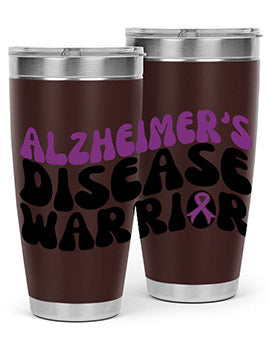 Alzheimer's Disease Warrior Tumbler in stainless steel, featuring a vibrant design, double wall vacuum insulation, and a drink-thru lid.