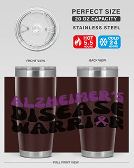 Alzheimer's Disease Warrior Tumbler in stainless steel, featuring a vibrant design, double wall vacuum insulation, and a drink-thru lid.