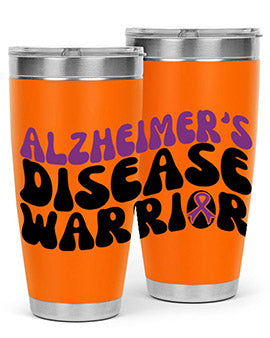 Alzheimer's Disease Warrior Tumbler in stainless steel, featuring a vibrant design, double wall vacuum insulation, and a drink-thru lid.