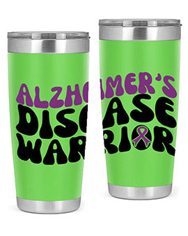 Alzheimer's Disease Warrior Tumbler in stainless steel, featuring a vibrant design, double wall vacuum insulation, and a drink-thru lid.