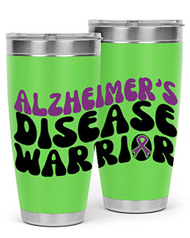 Alzheimer's Disease Warrior Tumbler in stainless steel, featuring a vibrant design, double wall vacuum insulation, and a drink-thru lid.