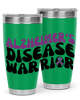 Alzheimer's Disease Warrior Tumbler in stainless steel, featuring a vibrant design, double wall vacuum insulation, and a drink-thru lid.