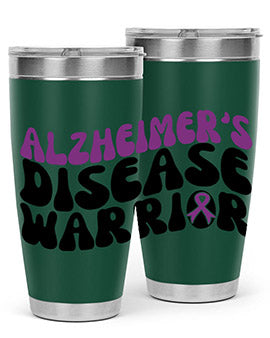 Alzheimer's Disease Warrior Tumbler in stainless steel, featuring a vibrant design, double wall vacuum insulation, and a drink-thru lid.
