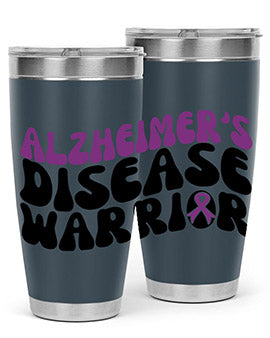Alzheimer's Disease Warrior Tumbler in stainless steel, featuring a vibrant design, double wall vacuum insulation, and a drink-thru lid.