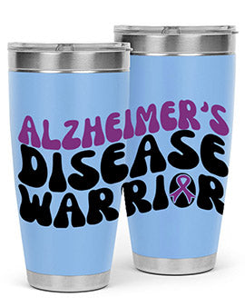 Alzheimer's Disease Warrior Tumbler in stainless steel, featuring a vibrant design, double wall vacuum insulation, and a drink-thru lid.