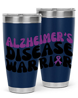 Alzheimer's Disease Warrior Tumbler in stainless steel, featuring a vibrant design, double wall vacuum insulation, and a drink-thru lid.
