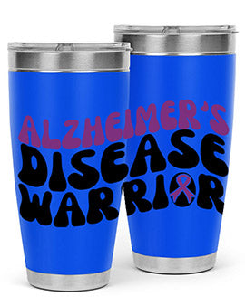 Alzheimer's Disease Warrior Tumbler in stainless steel, featuring a vibrant design, double wall vacuum insulation, and a drink-thru lid.