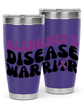 Alzheimer's Disease Warrior Tumbler in stainless steel, featuring a vibrant design, double wall vacuum insulation, and a drink-thru lid.