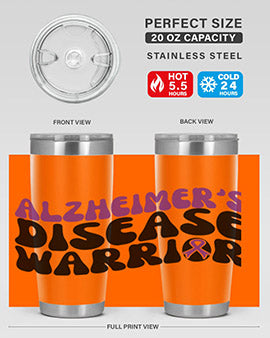 Alzheimer's Disease Warrior Tumbler in stainless steel, featuring a vibrant design, double wall vacuum insulation, and a drink-thru lid.