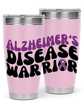Alzheimer's Disease Warrior Tumbler in stainless steel, featuring a vibrant design, double wall vacuum insulation, and a drink-thru lid.