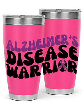 Alzheimer's Disease Warrior Tumbler in stainless steel, featuring a vibrant design, double wall vacuum insulation, and a drink-thru lid.