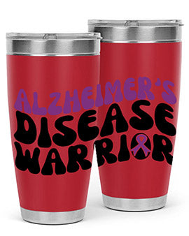 Alzheimer's Disease Warrior Tumbler in stainless steel, featuring a vibrant design, double wall vacuum insulation, and a drink-thru lid.