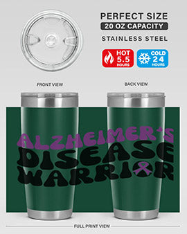 Alzheimer's Disease Warrior Tumbler in stainless steel, featuring a vibrant design, double wall vacuum insulation, and a drink-thru lid.