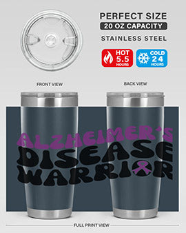 Alzheimer's Disease Warrior Tumbler in stainless steel, featuring a vibrant design, double wall vacuum insulation, and a drink-thru lid.