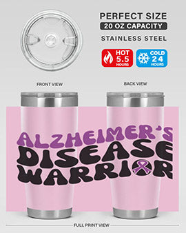 Alzheimer's Disease Warrior Tumbler in stainless steel, featuring a vibrant design, double wall vacuum insulation, and a drink-thru lid.