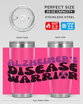 Alzheimer's Disease Warrior Tumbler in stainless steel, featuring a vibrant design, double wall vacuum insulation, and a drink-thru lid.