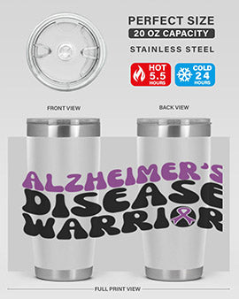 Alzheimer's Disease Warrior Tumbler in stainless steel, featuring a vibrant design, double wall vacuum insulation, and a drink-thru lid.