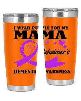 Alzheimers and Dementia I Wear Purple tumbler showcasing a vibrant purple design, perfect for honoring loved ones affected by these conditions.