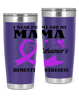 Alzheimers and Dementia I Wear Purple tumbler showcasing a vibrant purple design, perfect for honoring loved ones affected by these conditions.