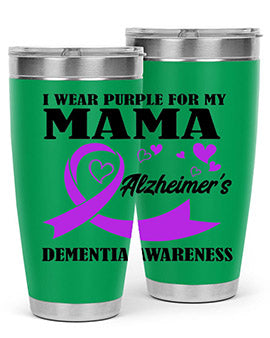Alzheimers and Dementia I Wear Purple tumbler showcasing a vibrant purple design, perfect for honoring loved ones affected by these conditions.