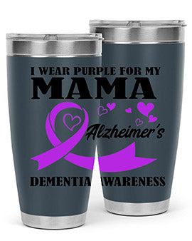 Alzheimers and Dementia I Wear Purple tumbler showcasing a vibrant purple design, perfect for honoring loved ones affected by these conditions.