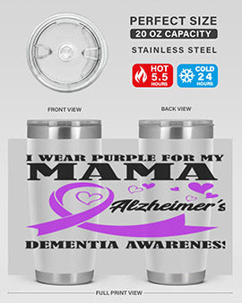 Alzheimers and Dementia I Wear Purple tumbler showcasing a vibrant purple design, perfect for honoring loved ones affected by these conditions.