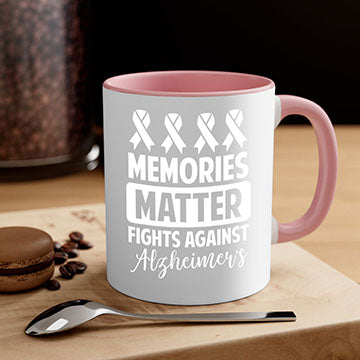 Alzheimer's awareness mug with a glossy finish and colored handle, available in multiple colors and sizes.