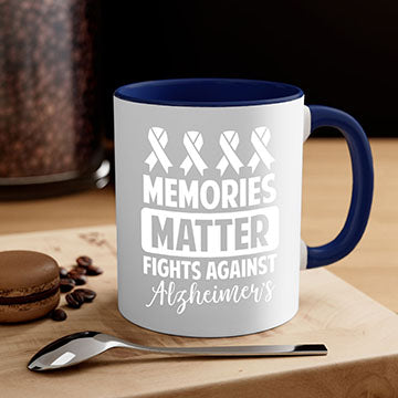 Alzheimer's awareness mug with a glossy finish and colored handle, available in multiple colors and sizes.