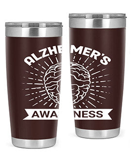 Alzheimer's Awareness 20oz Tumbler featuring double wall vacuum insulation and a drink-thru lid, designed for hot and cold beverages.