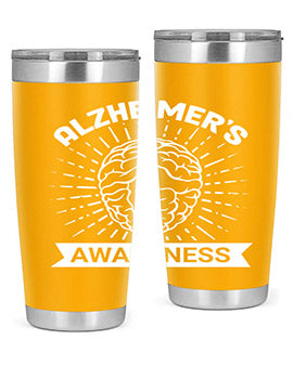 Alzheimer's Awareness 20oz Tumbler featuring double wall vacuum insulation and a drink-thru lid, designed for hot and cold beverages.