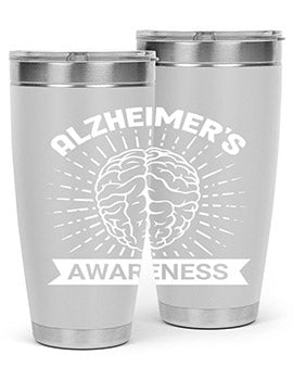 Alzheimer's Awareness 20oz Tumbler featuring double wall vacuum insulation and a drink-thru lid, designed for hot and cold beverages.